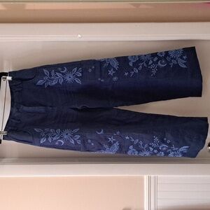 Johnny Was Oleander Embroidered Wide Leg High Waist Crop Pants Sz4 Like New